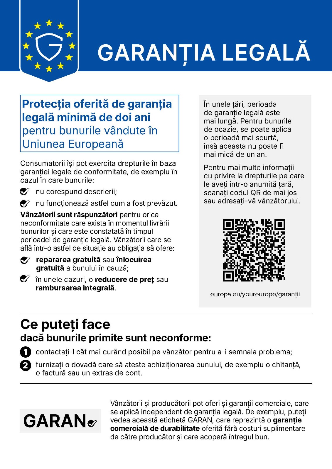 Notificare a Uniunii Europene: bunurile vândute în UE beneficiază de o garanție legală de minimum doi ani. Contactează vânzătorul dacă bunurile sunt defecte sau nu corespund descrierii.